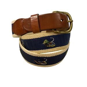 Leather Man Essex Belt Mens 38 Blue Ribbon Fly Fish Canvas Ribbon Brown Brass
